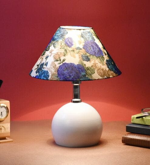 White & Blue Shade Table Lamp With Metal Base By Foziq