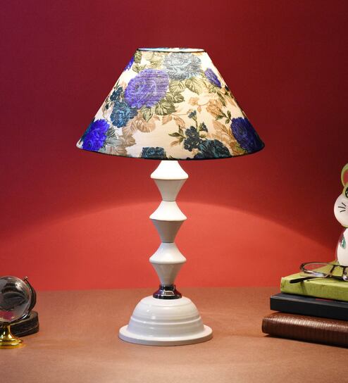 White & Blue Shade Table Lamp With Metal Base By Foziq