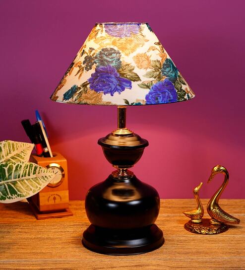 White & Blue Shade Table Lamp With Metal Base By Foziq