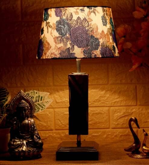Bastian White & Blue Fabric Shade Night Lamp With Wood Base By BrightDaisy
