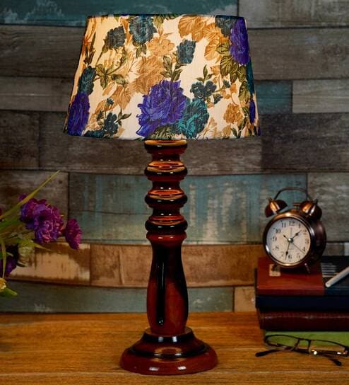 Haytham White & Blue Fabric Shade Night Lamp With Wood Base By BrightDaisy