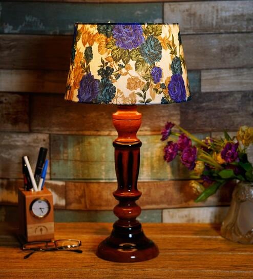 Beverly White & Blue Fabric Shade Night Lamp With Wood Base By BrightDaisy