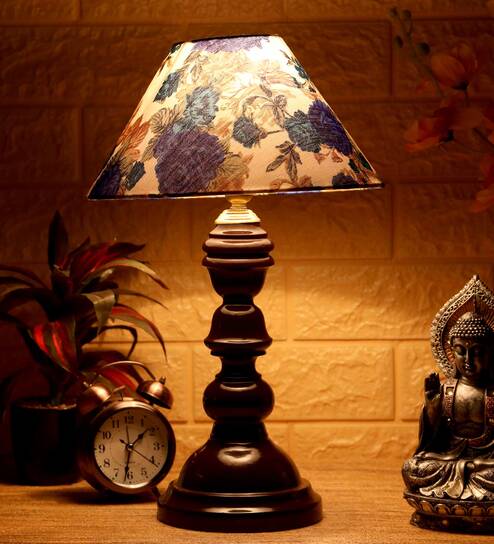 Nirvana White & Blue Fabric Shade Night Lamp With Wood Base By BrightDaisy
