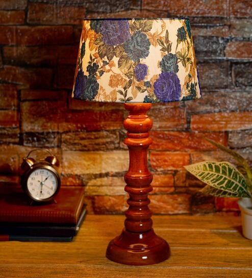Frappe White & Blue Fabric Shade Night Lamp With Wood Base By BrightDaisy