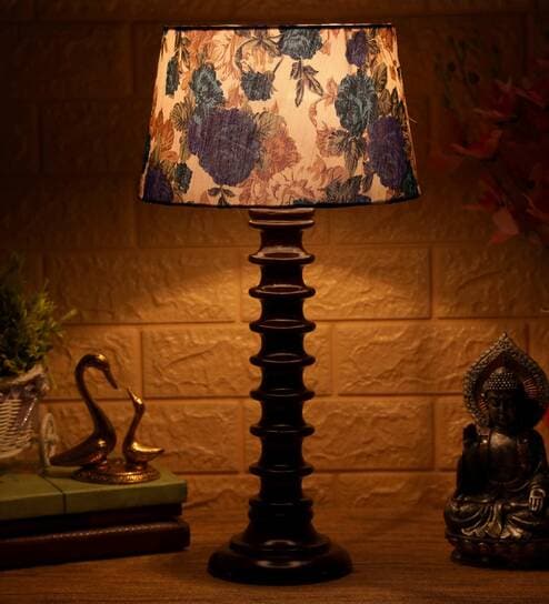 Intricately White & Blue Fabric Shade Night Lamp With Wood Base By BrightDaisy