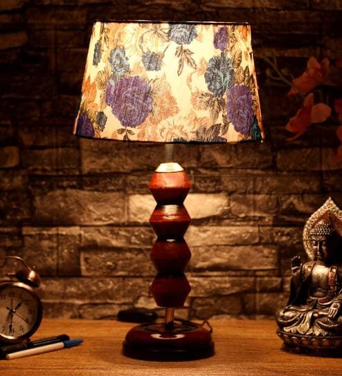Lucca White & Blue Fabric Shade Night Lamp With Wood Base By BrightDaisy