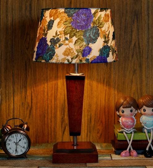 Demis White & Blue Fabric Shade Night Lamp With Wood Base By BrightDaisy