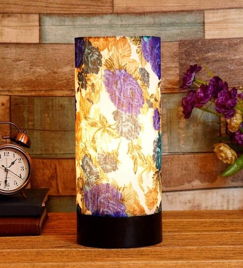 Patrice White & Blue Fabric Shade Table Lamp With Wood Base