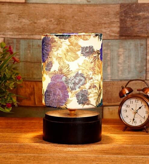 Desmond White & Blue Fabric Shade Night Lamp With Wood Base By BrightDaisy