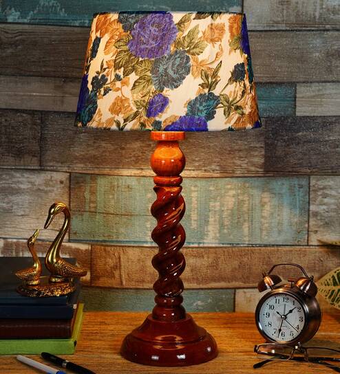 Avogadro White & Blue Fabric Shade Night Lamp With Wood Base By BrightDaisy