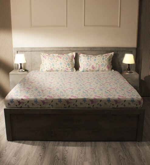 White & Brown 144TC Cotton Flat Super King Bedsheet with 2 Pillow Covers