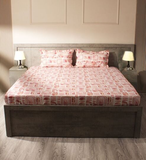 White & Brown 144TC Cotton Flat Super King Bedsheet with 2 Pillow Covers
