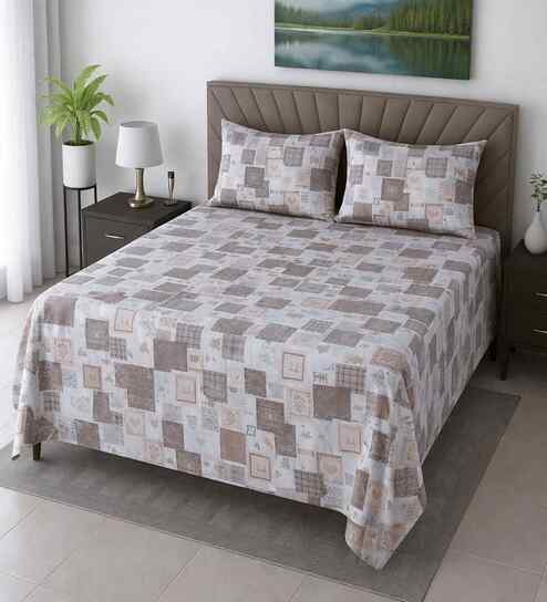 White & Chocolate Floral 400 Tc Cotton Queen Size Bedsheet With 2 Pillow Covers