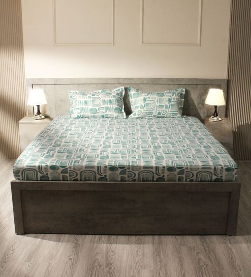 White & Dark Green 144TC Cotton Flat Super King Bedsheet with 2 Pillow Covers