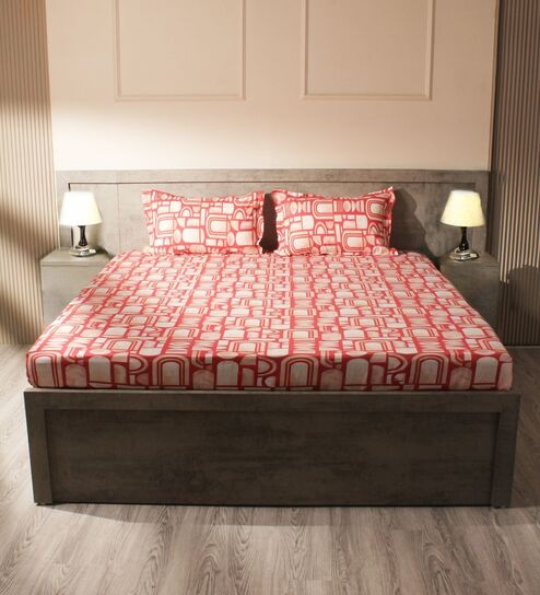 White & Dark Pink 144TC Cotton Flat Super King Bedsheet with 2 Pillow Covers