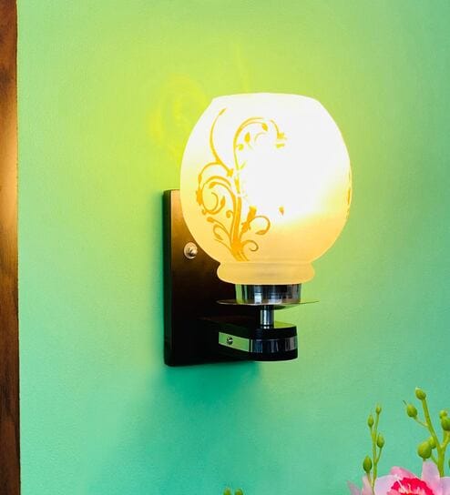 White & Gold E27 holder Wood & Glass Uplight Wall Scone