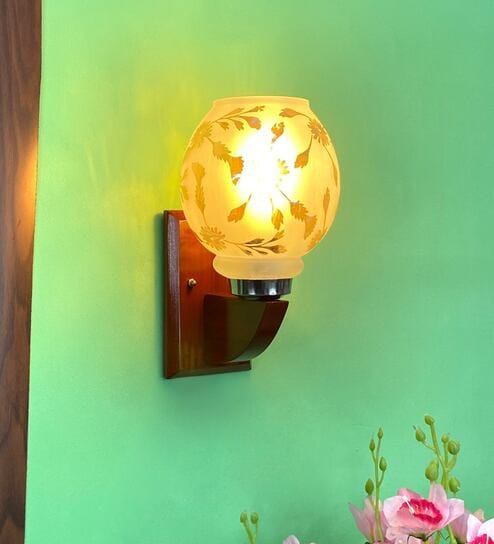 White & Gold E27 holder Wood & Glass Uplight Wall Scone