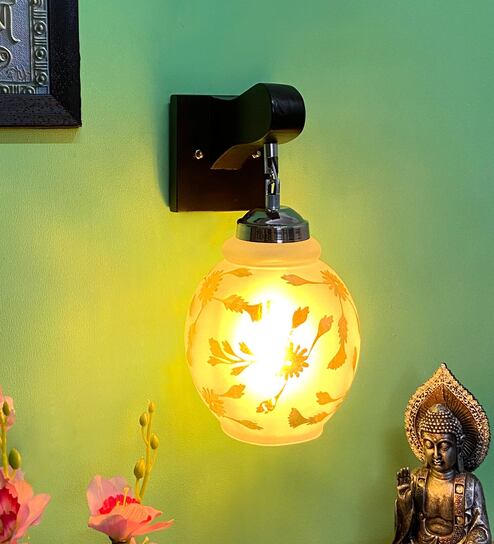 White & Gold E27 holder Wood & Glass Uplight Wall Scone
