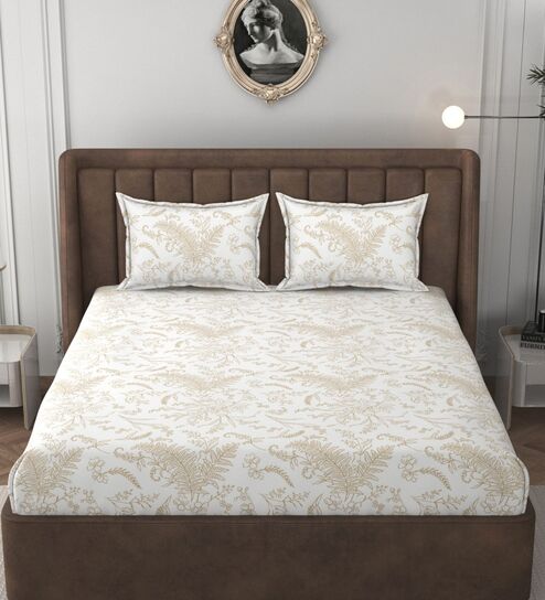 White & Gold Glace Cotton Floral Print Elastic Fitted King Bedsheet With 2 Pillow Covers