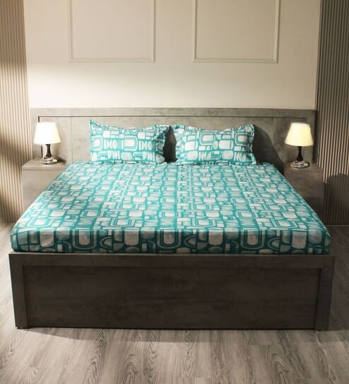 White & Green 144TC Cotton Flat Super King Bedsheet with 2 Pillow Covers