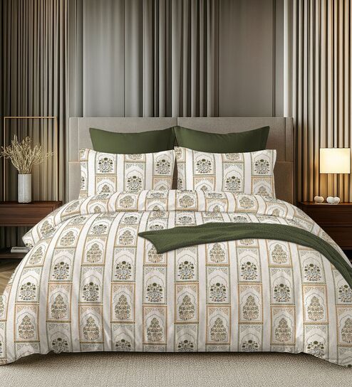 White & Green 144TC Cotton Flat Super King Bedsheet with 2 Pillow Covers