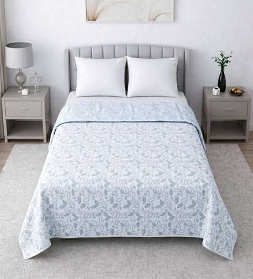White & Green Shade Cotton Floral 400 GSM Double Bed Dohar by Threads