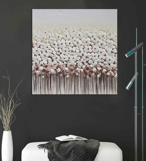 White & Grey 3D Embossed Floral Original Hand Painting on Canvas by Art Street