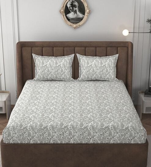 White & Grey Glace Cotton Paisley Print Elastic Fitted King Bedsheet With 2 Pillow Covers