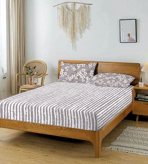White & Grey Glace Cotton Striped Elastic Fitted King Bedsheet With 2 Pillow Covers
