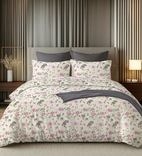 White & Pink 144TC Cotton Flat Super King Bedsheet with 2 Pillow Covers
