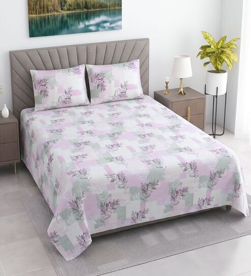 White & Pink Floral 400 TC Cotton Queen Size Flat Bedsheet With 2 Pillow Covers