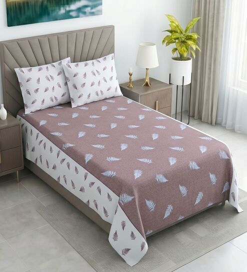 White & Plum Floral 400 TC Cotton Single Bed Size Flat Bedsheet With 2 Pillow Covers