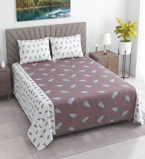White & Plum Floral 400 TC Cotton Superking Size Flat Bedsheet With 2 Pillow Covers