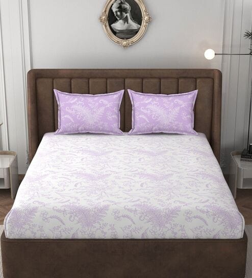 White & Purple Glace Cotton Floral Print Elastic Fitted King Bedsheet With 2 Pillow Covers