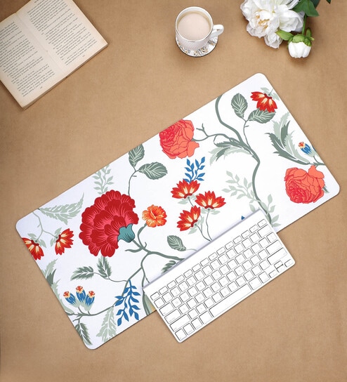 White & Red Floral Printed Laptop & Keyboard Mat