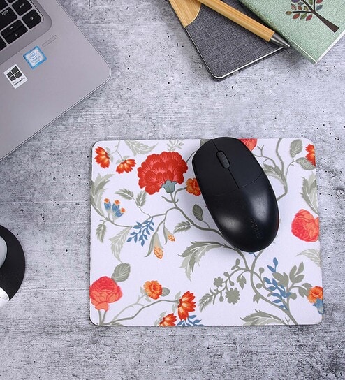 White & Red Floral Printed Rectangle Mousepad