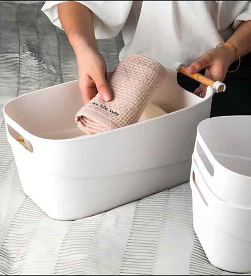 White 8L Polypropylene Storage Bin with Wooden Handles