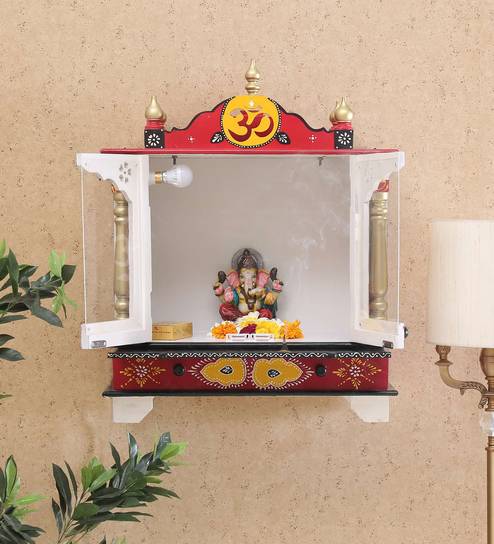 Buy White Green Red Mango Wood Pooja Mandir With Door By