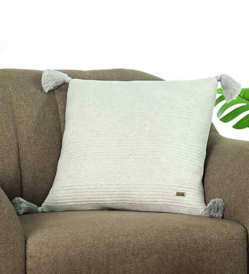 White 100% Cotton Streak 18X18 Inches Knitted Cushion Cover