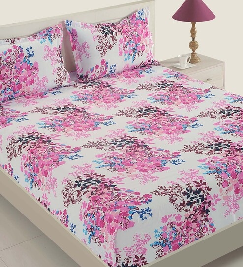White Floral 160 TC Cotton Single Bed Sized Bed Sheets With 1 Pillow Cover