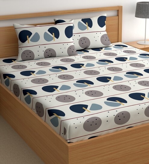 White 180 TC Geometric Cotton Queen Double Bedsheet 2 Pillow covers