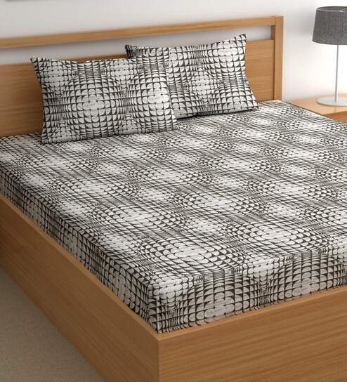 White 200 TC Abstract Cotton Queen Double Bedsheet 2 Pillow covers