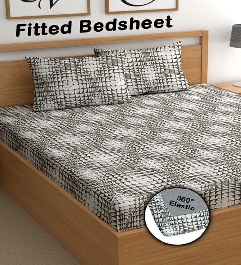 White 200 TC Abstract Cotton Fitted Double Bedsheet 2 Pillow covers