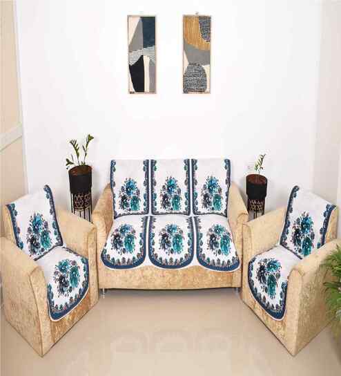 White 5 Seater Floral 10Pcs Sofa Covers