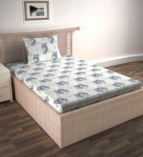 White Floral 144 TC Cotton Fitted Double Bedsheet with 2 Pillow Covers