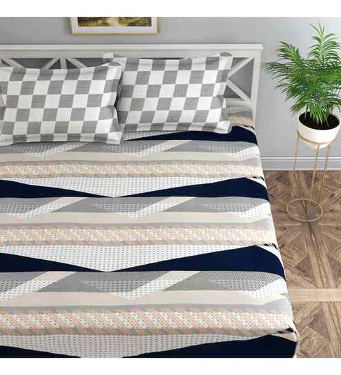 White Abstract 144 TC Cotton Queen Sized Bedsheet Bedsheet 2 Pillow Prime Collection