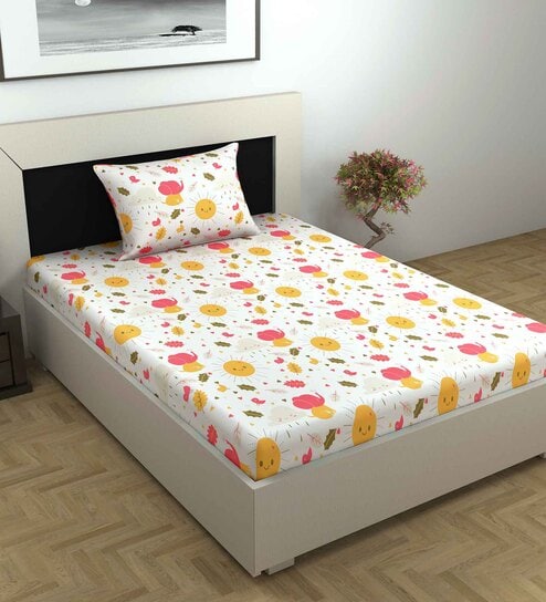 White Abstract 144 TC Cotton Single Bedsheet With 1 Pillow Cover