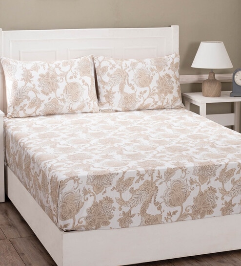 White Abstract 210 TC 100% Cotton King Bed Sheet With 2 Pillow Covers Art Nouveau Collection by Maspar