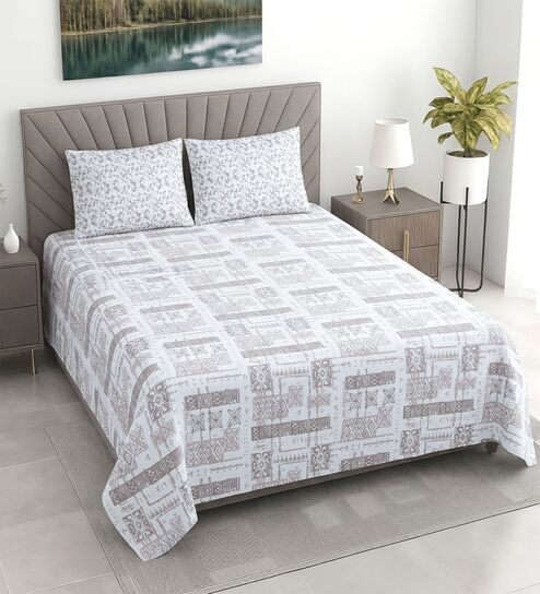 White Abstract 400 TC Cotton Superking Size Bedsheet With 2 Pillow Covers Threads