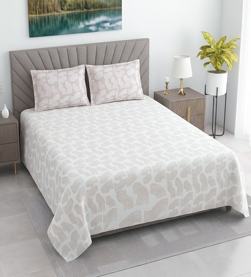 White Abstract 400 TC Cotton Superking Size Bedsheet With 2 Pillow Covers Threads